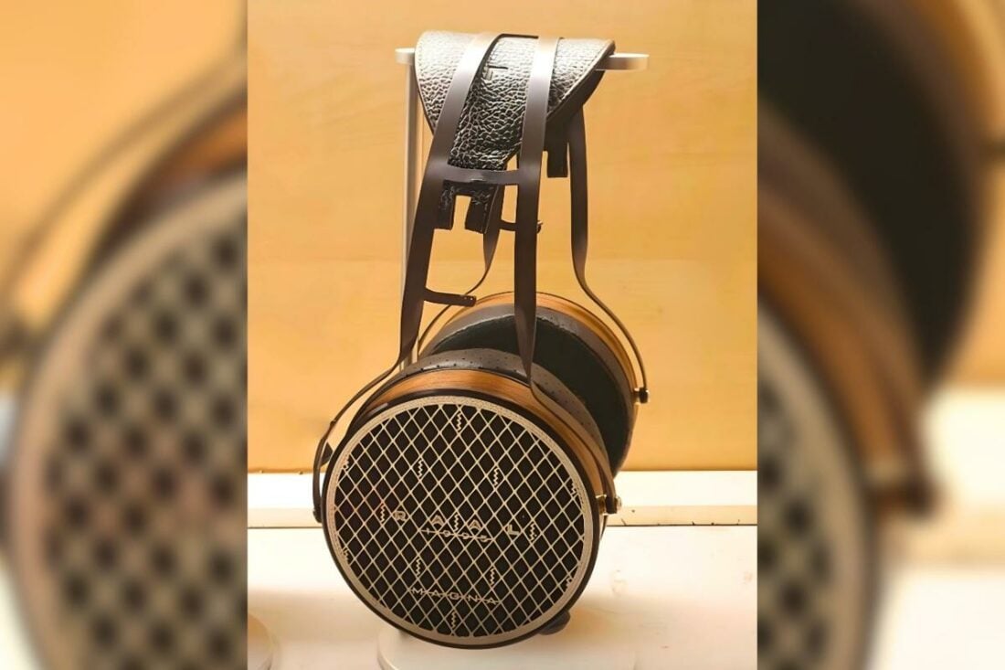 The RAAL 1995 Magna headphones in a stand. (From: Headphone Shop)