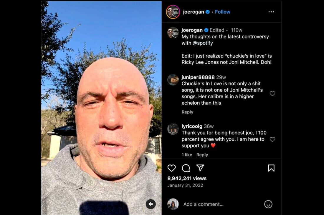 Rogan's statement regarding the controversy posted in a 10-minute Instagram video. (From: Instagram/Joe Rogan)