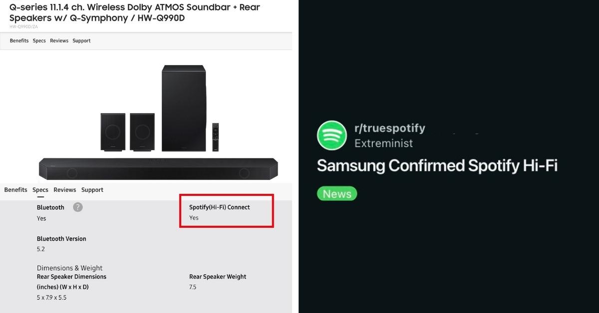 Samsung Soundbar's Specs mentioning Spotify HiFi.