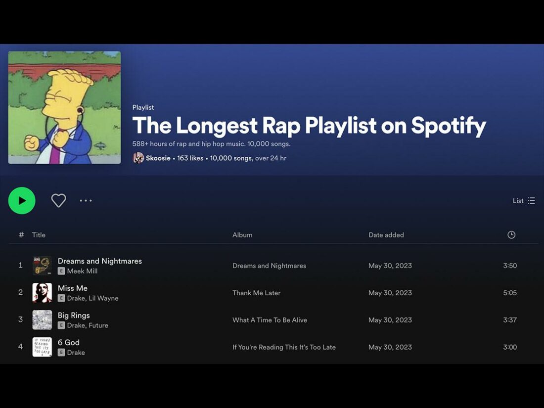 The longest rap playlist has over 24 days of music.