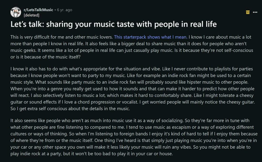 A Reddit post reading: Let’s talk: sharing your music taste with people in real life (From: Reddit)