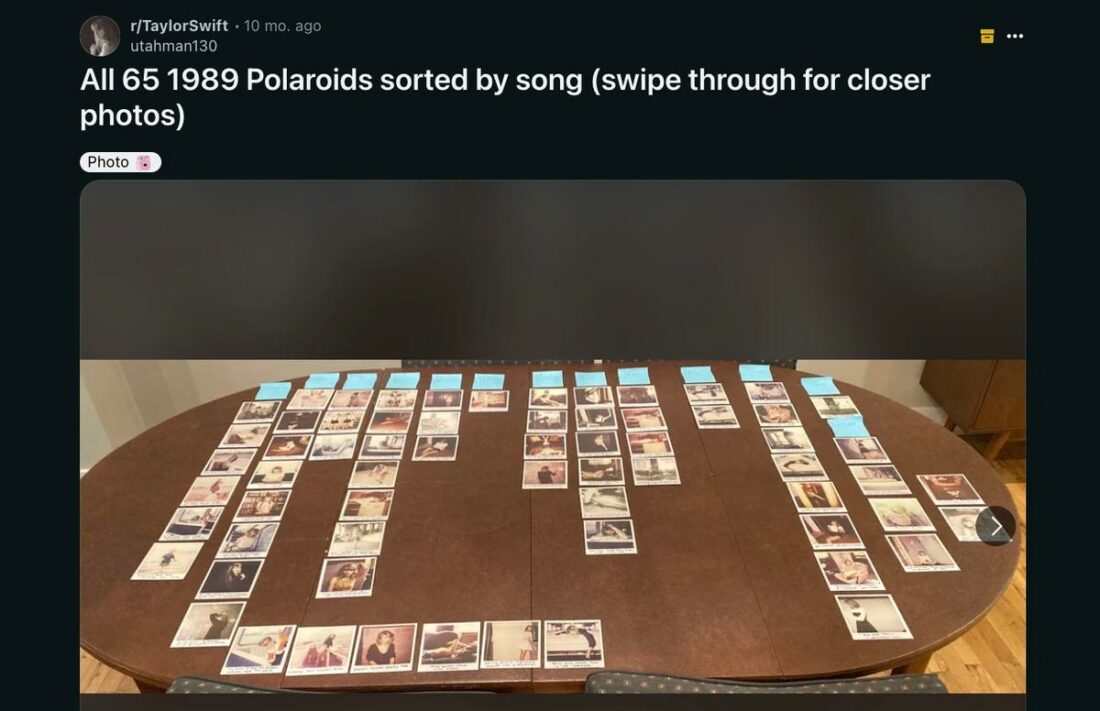 Another user shares a photo of his collection of all 65 polaroids from the 1989 Taylor Swift album. (From: Reddit)
