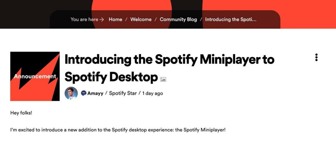 Spotify's announcement about the new Miniplayer for Spotify Desktop. (From: Spotify)