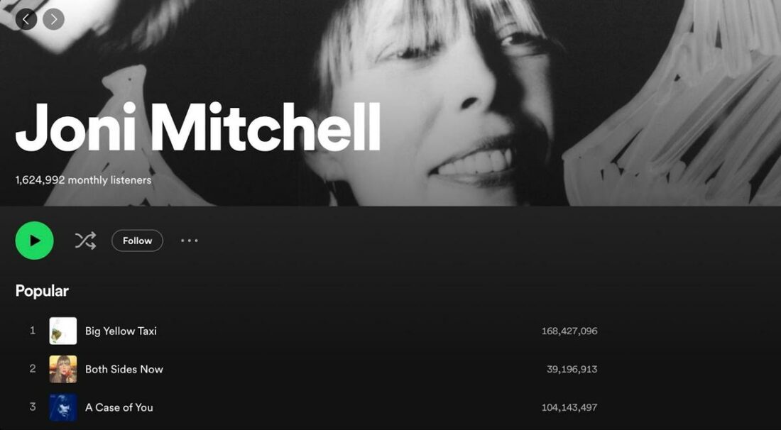 Joni Mitchell's artist profile in Spotify.
