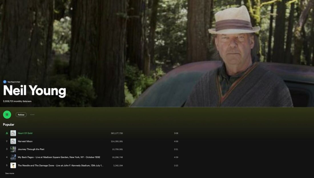 Neil Young's new artist profile on Spotify.