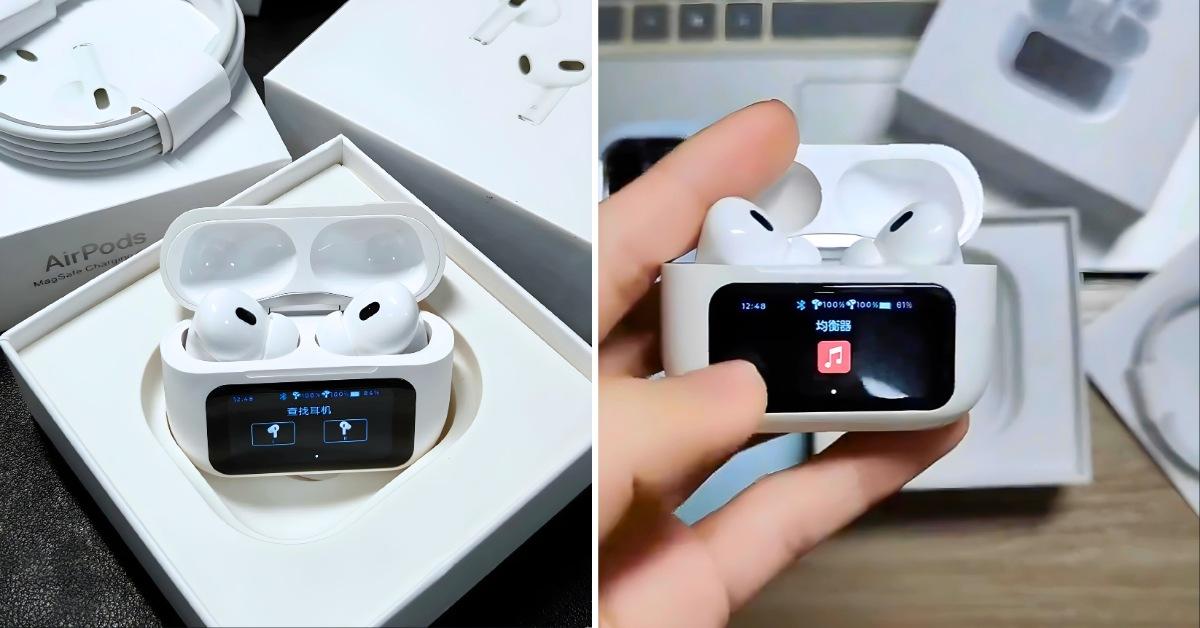 These counterfeit AirPods Pros have Apple's patented touchscreen case display that never got released. (From: X/lipilipsi)