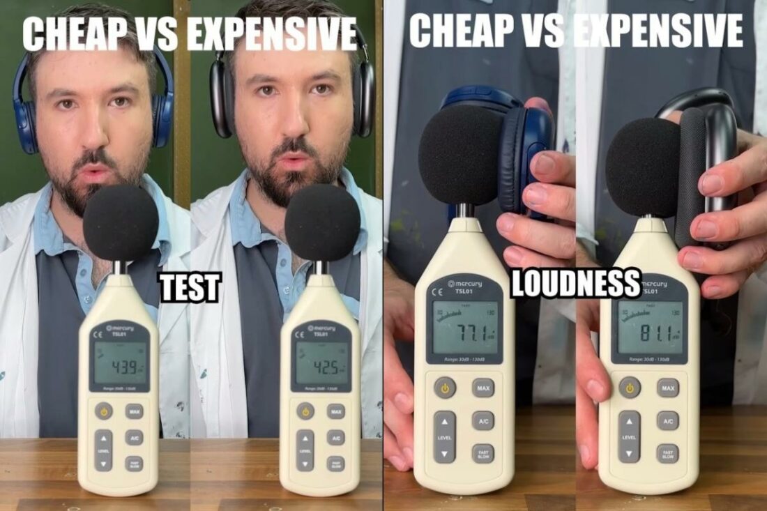 Using the decibel meter to measure the sound leakage and volume. (From: YouTube/Lets Test Laurence)