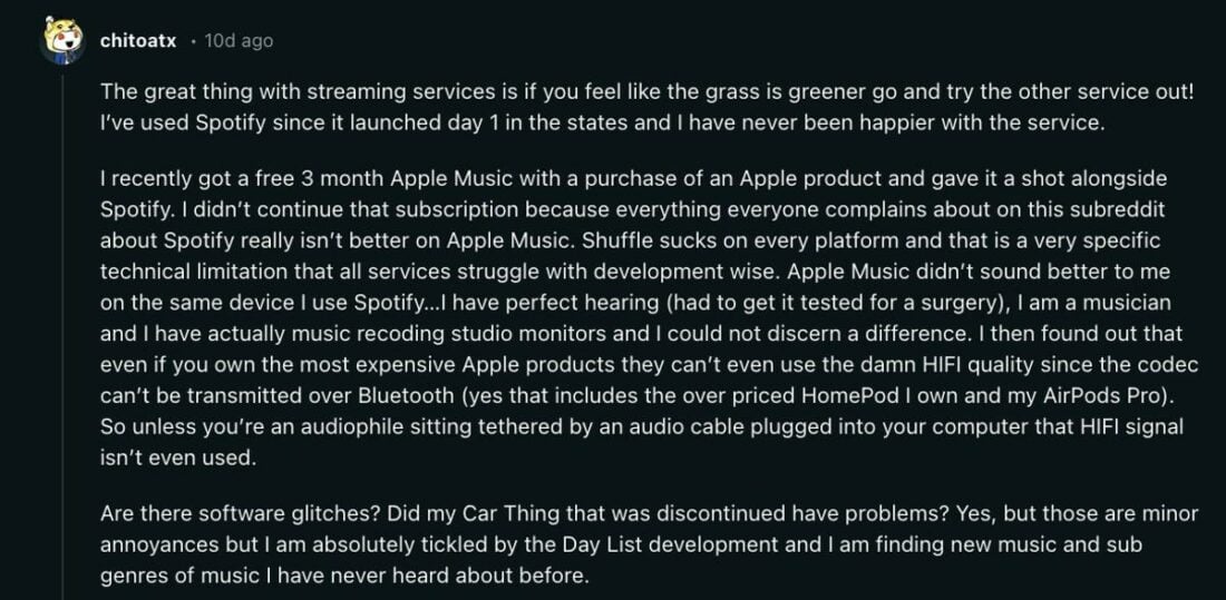 A user defending Spotify based on his own experience in comparison to Apple Music. (From: Reddit)