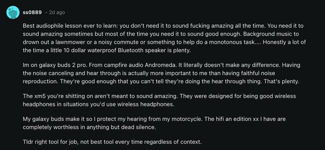 User pointing out the importance of considering the different purposes of each headphones. (From: Reddit)