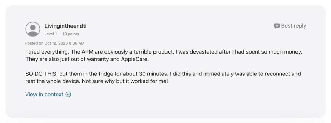 One of the earlier users who suggest the unique fix. (From: Apple Support Forums)