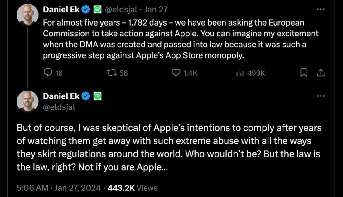 In a thread on X, Spotify CEO Daniel Ek expressed skepticism about Apple's intentions to comply with regulations.