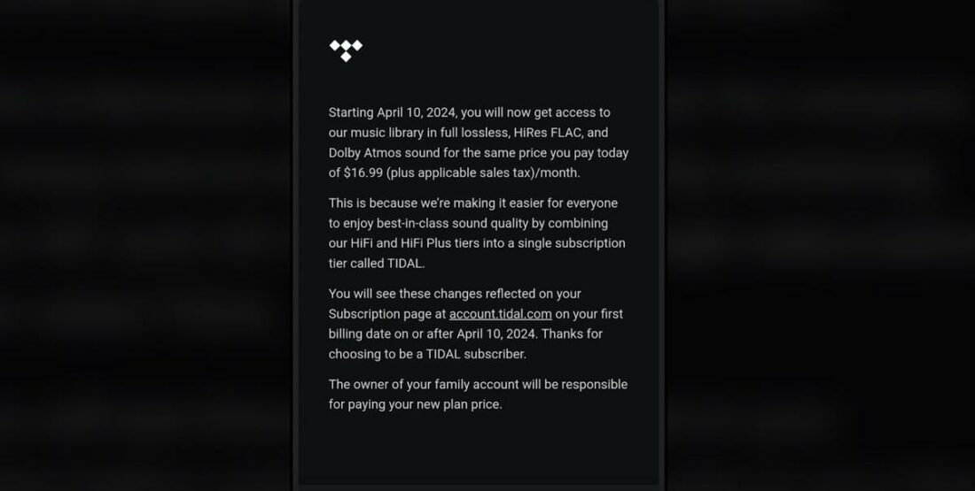 Tidal's email announcement sent to its subscribers.