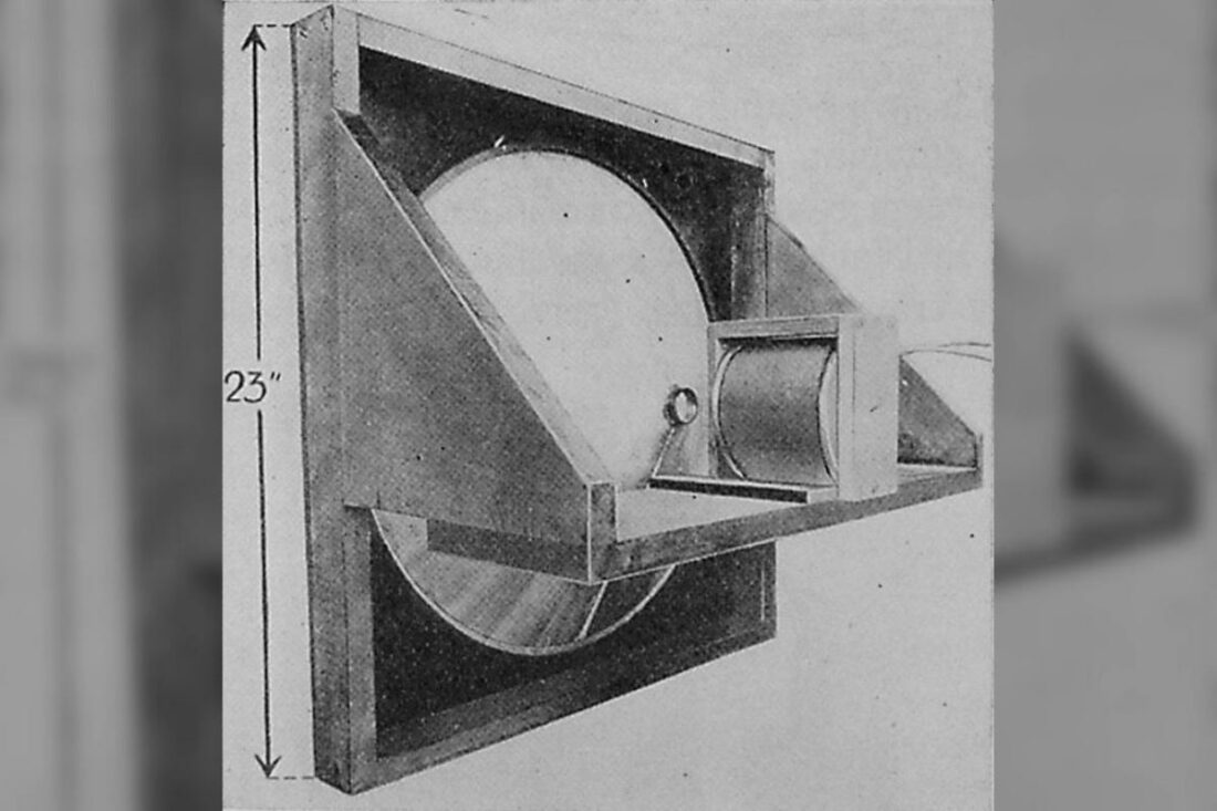 The first cone loudspeaker from 1925, the magnet has been moved back to show the voicecoil. (From: Wikipedia)
