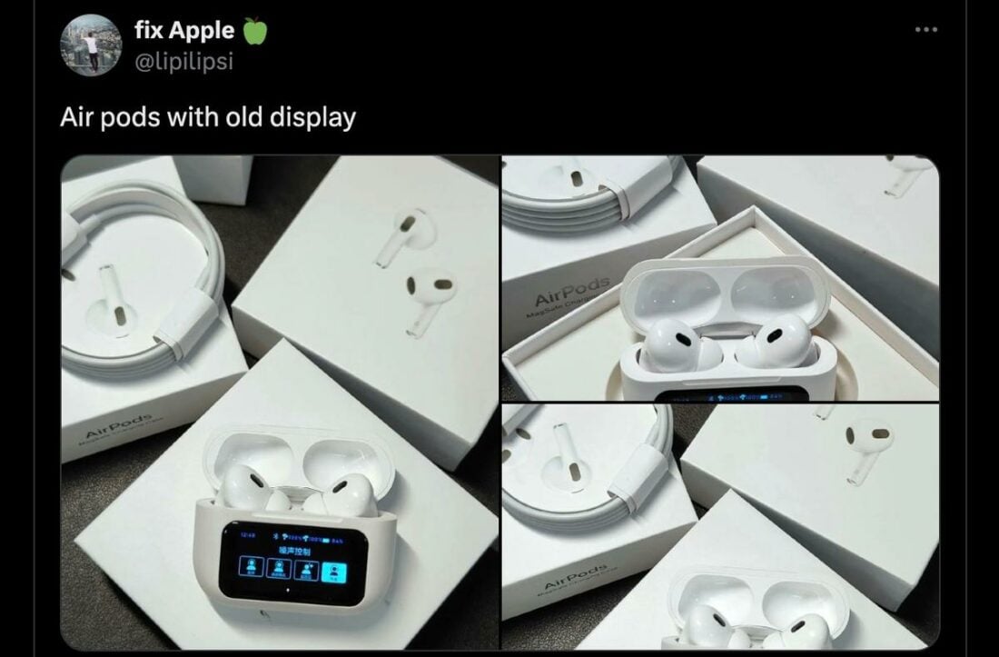 X user, lipilipsi's, initial tweet regarding the counterfeit AirPods with touchscreen case display. (From: X/lipilipsi)
