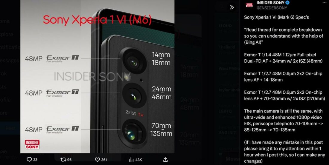 Another insider revealed more rumored features fro the upcoming Xperia 1 VI (From: INSIDER SONY)