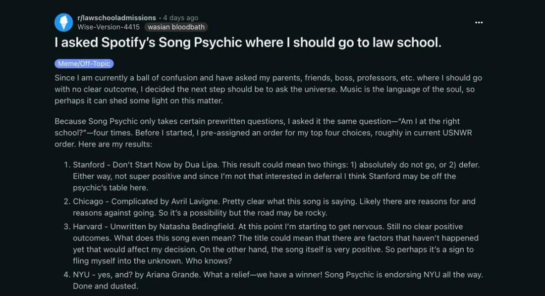 A Reddit user's experience in using Song Psychic in his law school decisions. (From: Reddit)