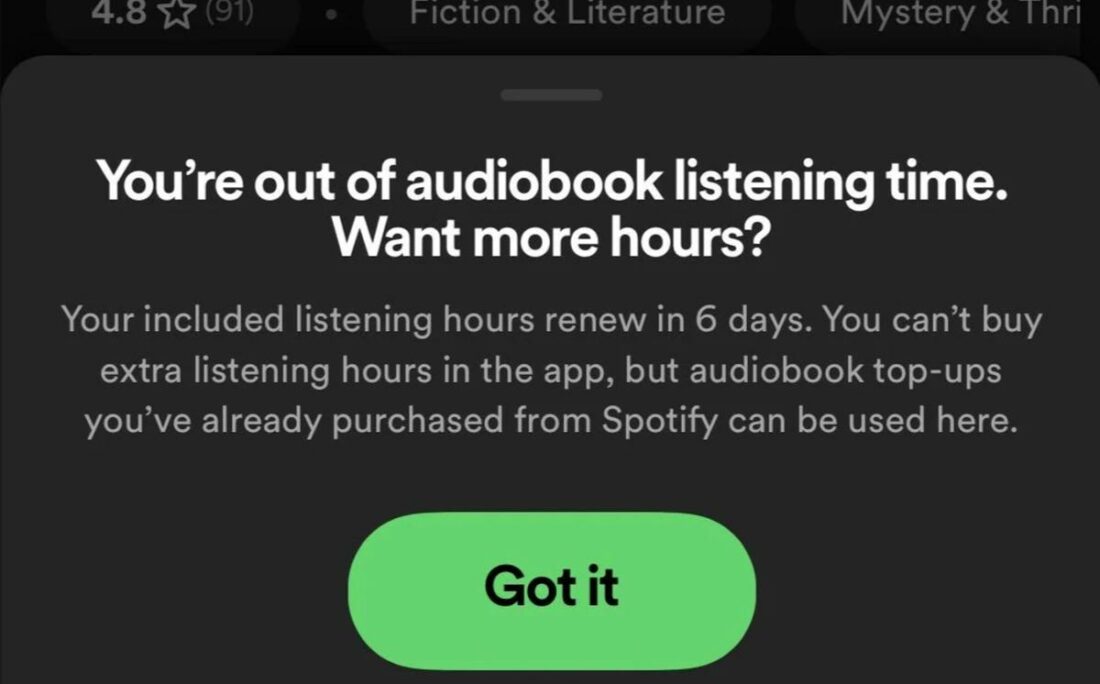 Sample notification that used to appear whenever you reach the 15-hour limit on Audiobooks with Spotify Premium.