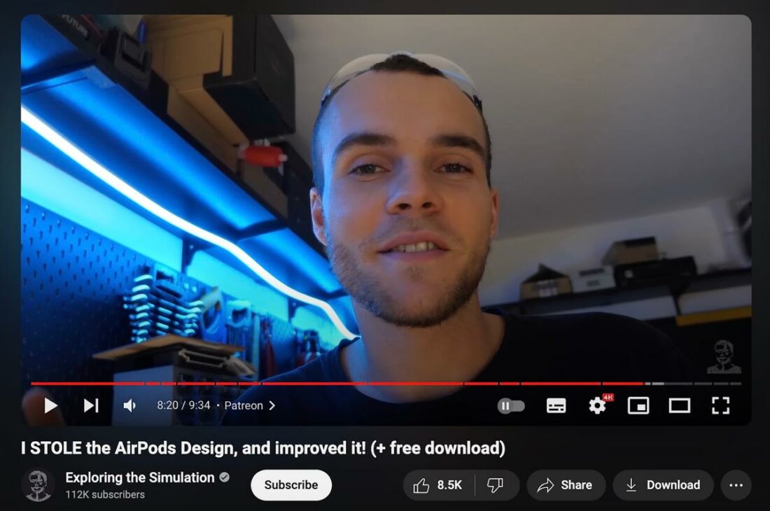 Ken PIllonel's past video about his other AirPods modifications. (From: YouTube/Exploring the Simulation)
