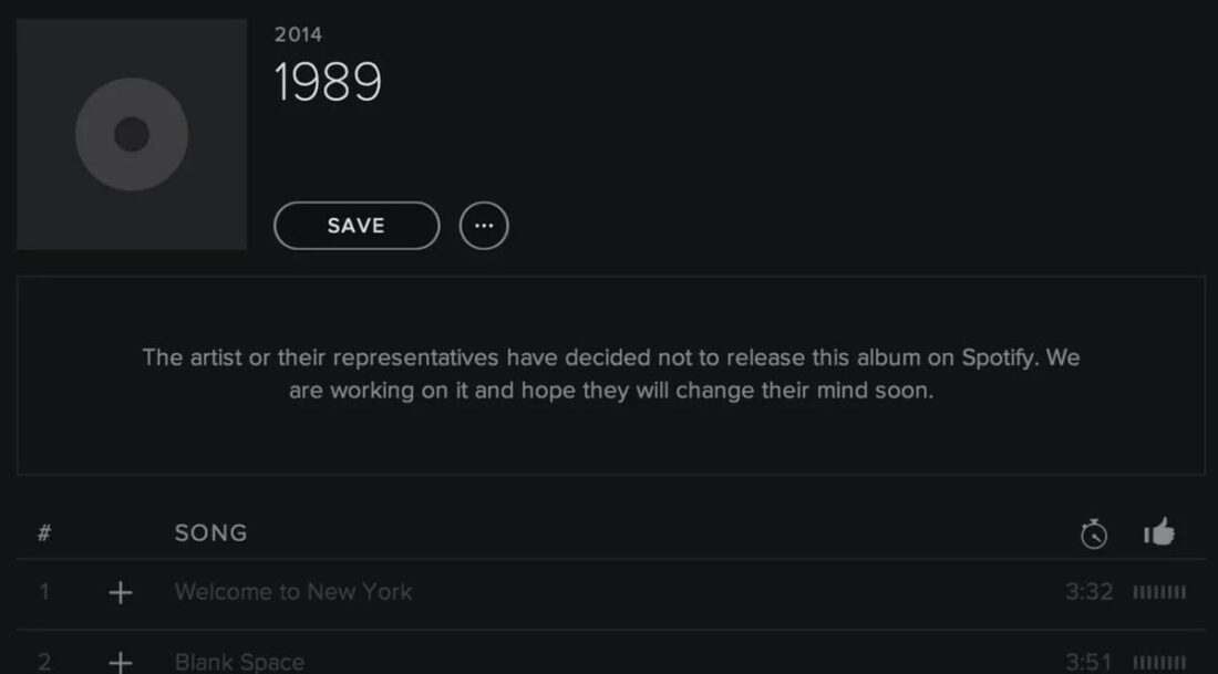 Taylor Swift's 1989 album was removed from Spotify in 2014, along with her other songs.