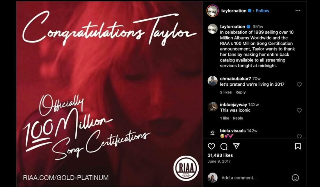 Taylor returns her music catalog on Spotify in 2017 to 'thank her fans', according to an Instagram post by her fanpage. (From: Instagram/taylornation)