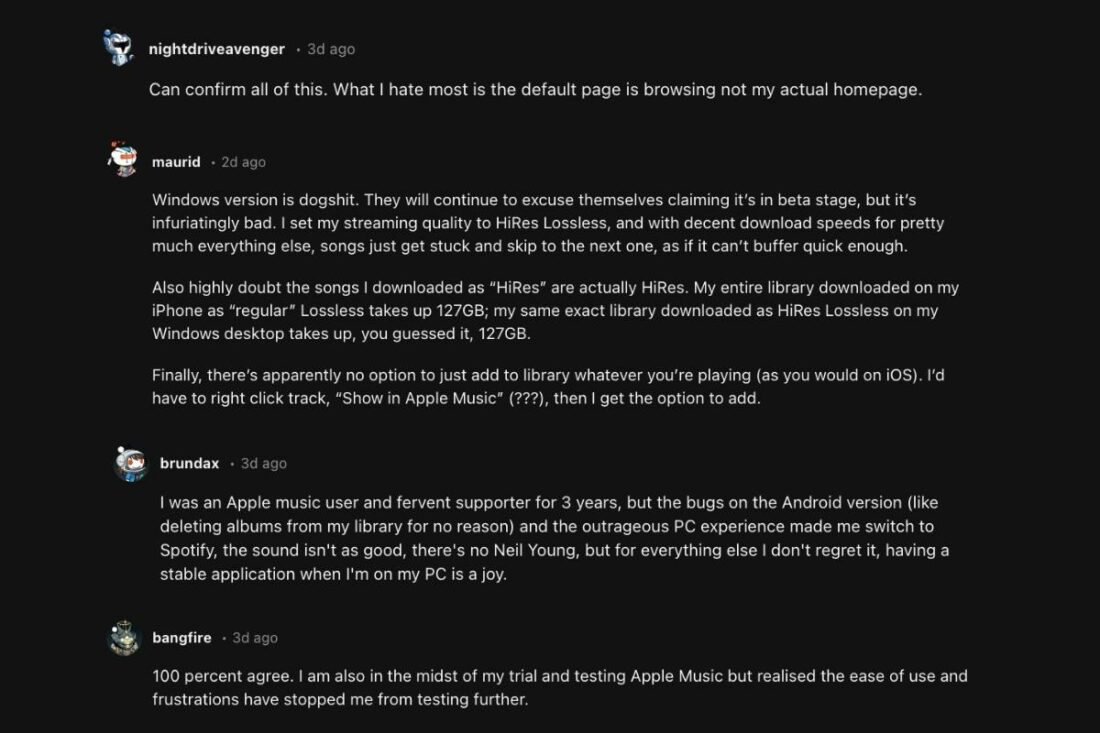 People sharing the same negative experience as the OP when using Apple Music in Windows and Android. (From: Reddit)