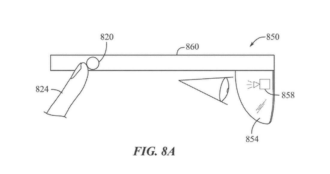 Apple's potential smart glasses as shown in their patent document, showing a 'digital crown'-like button on the frame. (From: Apple/USPTO)