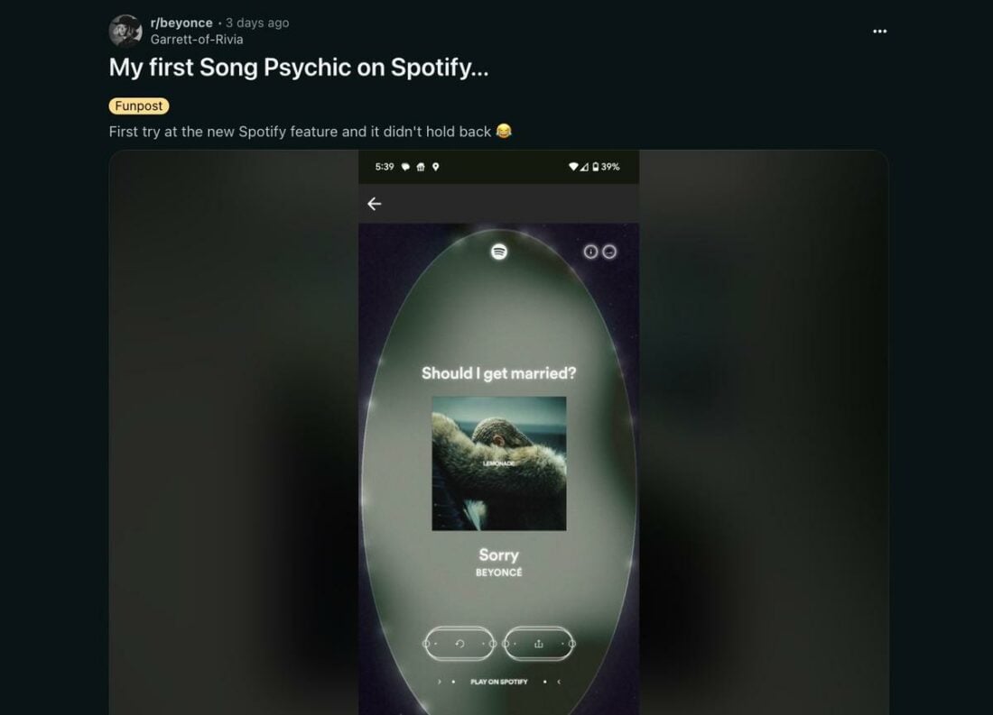 Spotify's Song Psychic isn't afraid to give any answer. (From: Reddit)