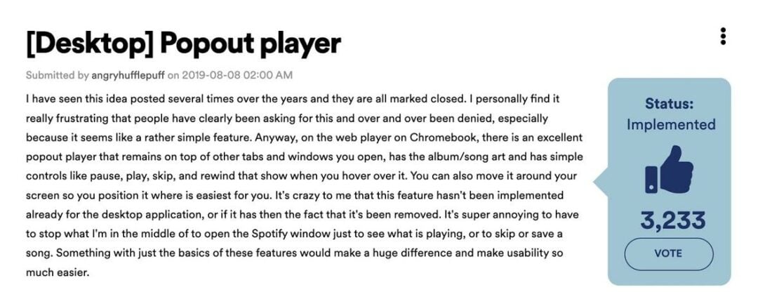 The original suggestion for a desktop miniplayer submitted by a user. (From: Spotify)