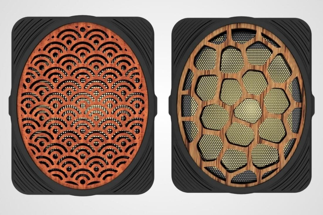 The Voronoi wood (left) and Wave wood (right) variants. (From: SJY Audio)