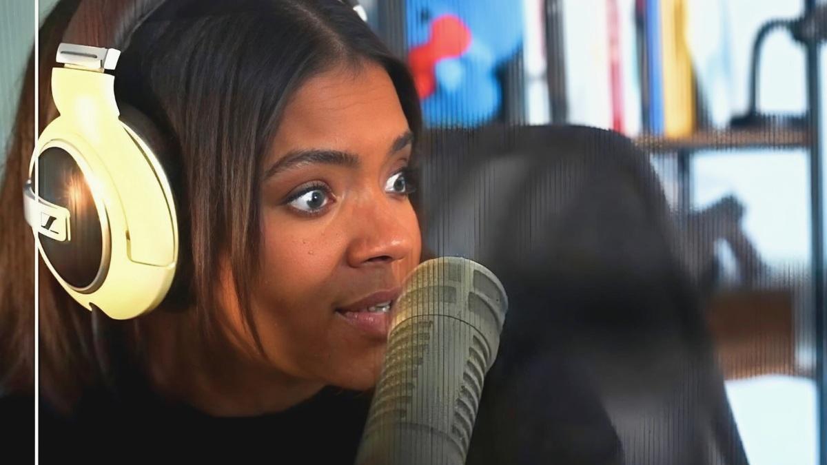 Candace Owens is caught wearing her headphones backwards during a debate with Destiny. (From: YouTube/Destiny)