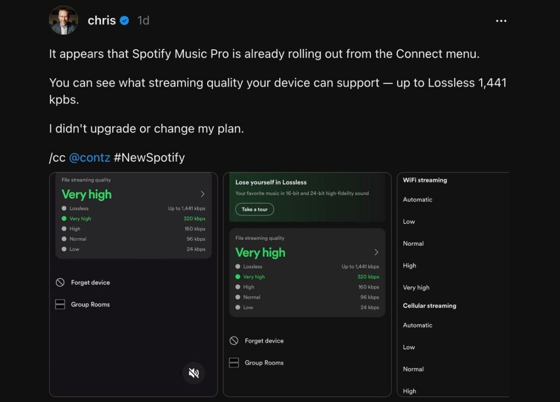 Chris Messina's post about discovering lossless audio on Spotify. (From: Threads/Chris)