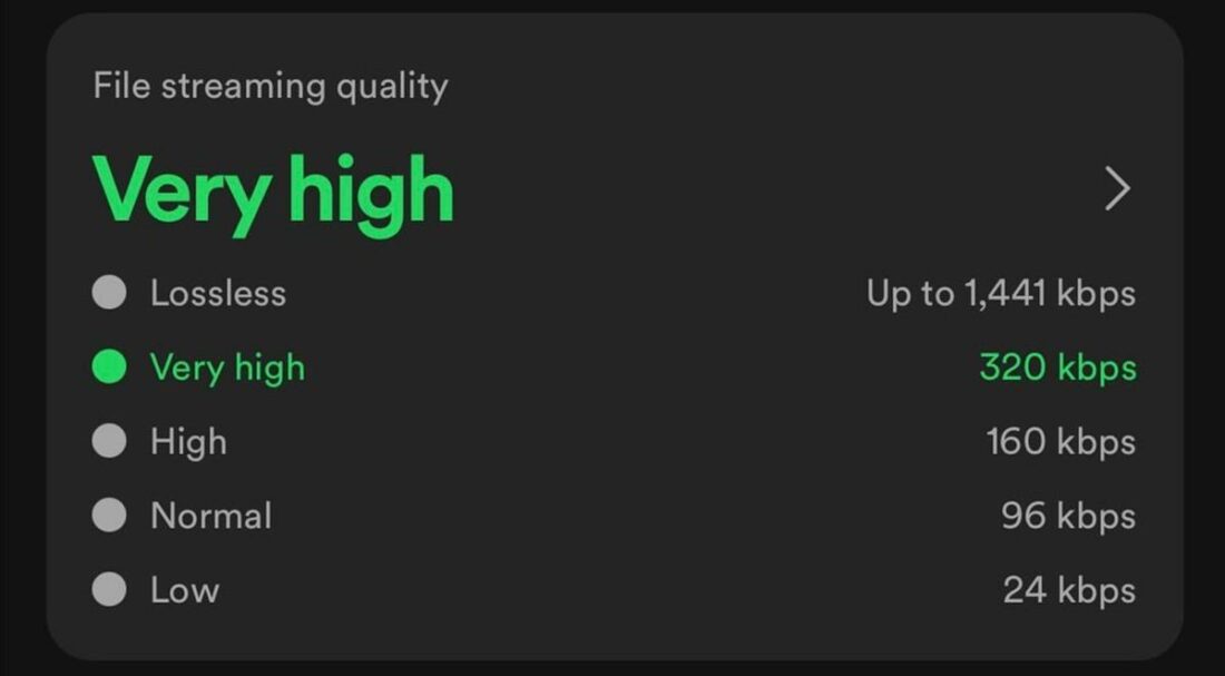 File streaming quality options on Spotify, showing lossless. (From: Threads/Chris)