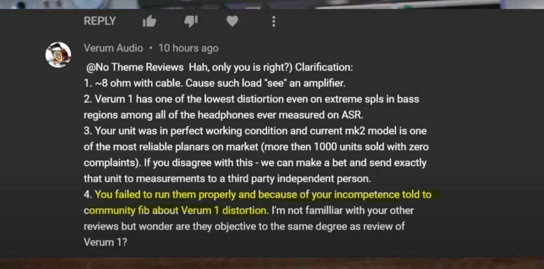 One of Igor's comments in response to No Theme Reviews' video about the Verum 1. (From: YouTube/No Theme Reviews)