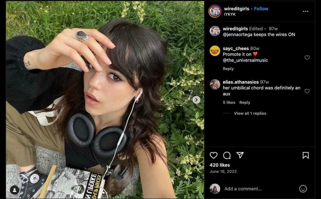 'Wednesday' star, Jenna Ortega wearing wired headphones as featured on Wired It Girls. (From: Instagram/WiredItGirls)