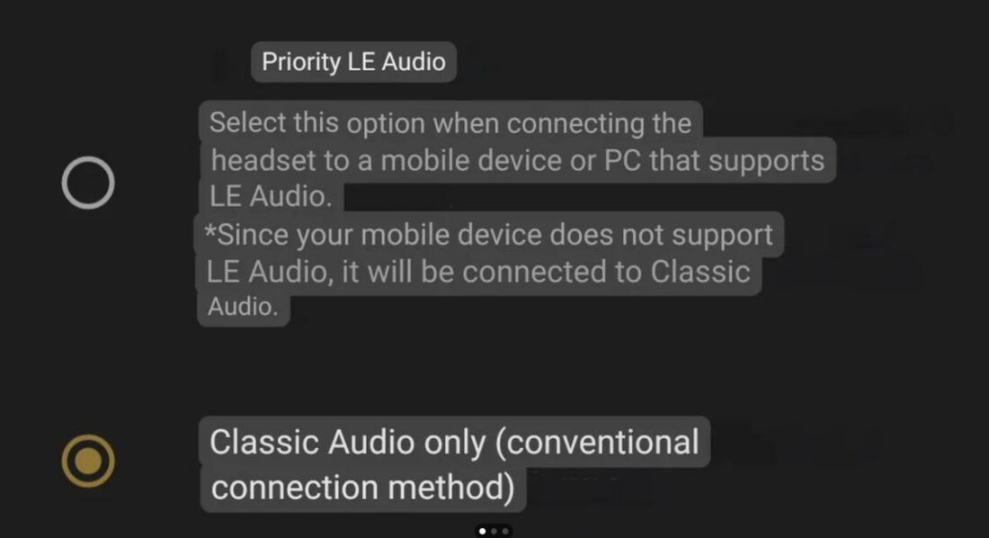 The LE Audio and Classic Audio options in the Sony Headphones Connect app. (From: Reddit)