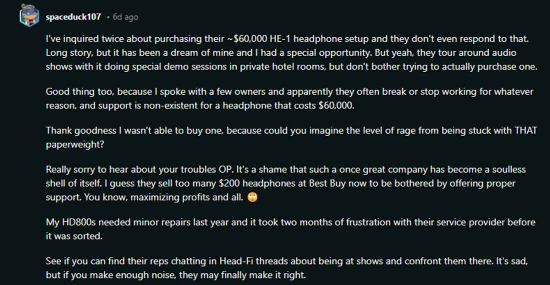 User sharing how glad he is that he didn't spend 60 grand on the HE-1. (From: Reddit)