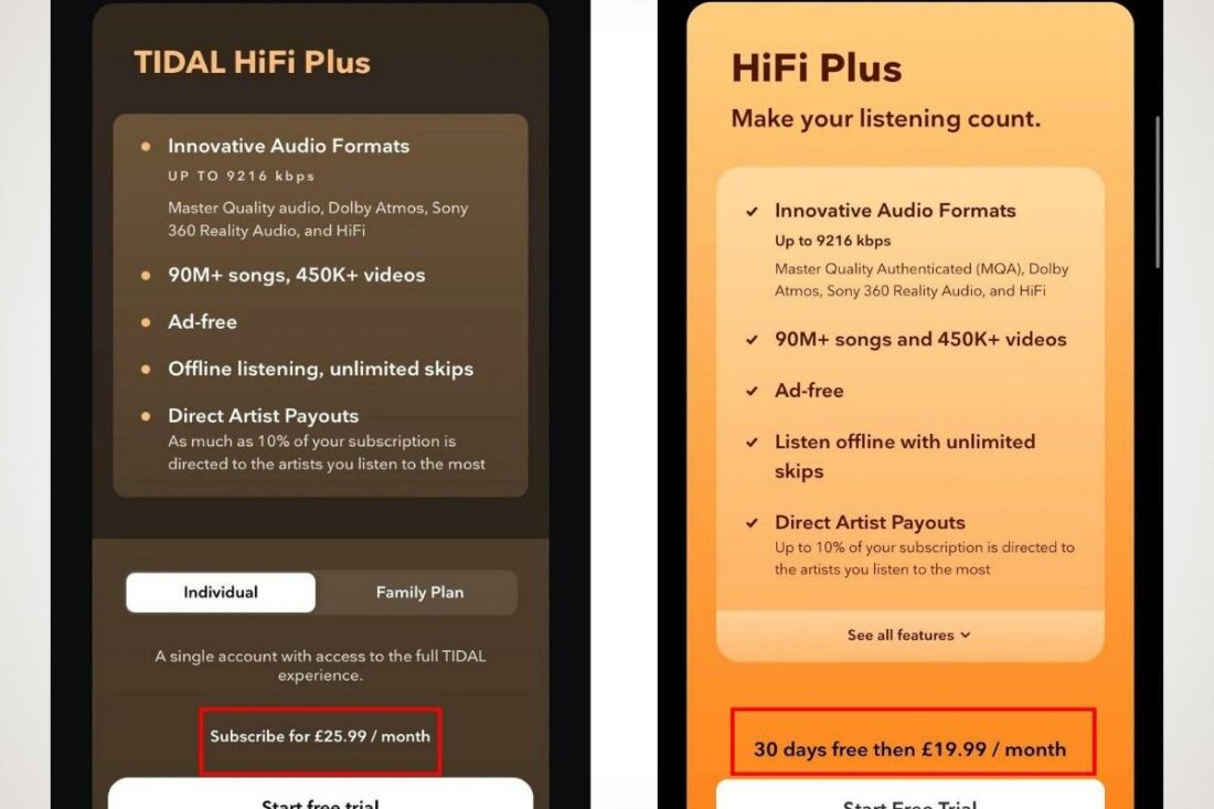 Past Tidal HiFi Plus fees via app (left) vs via the website (right). (From: Reddit)