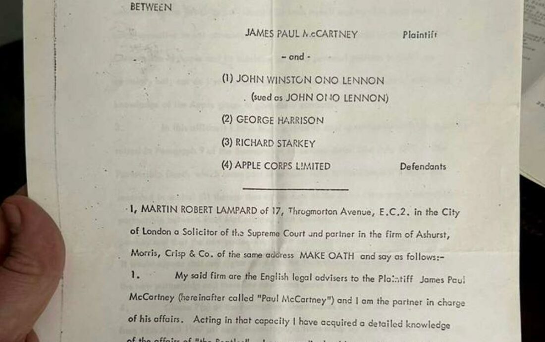 A document about Paul McCartney suing Apple Corps Ltd in 1970. (From: SWNS)