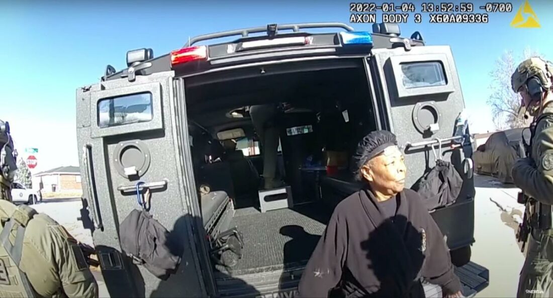 77-year-old Ruby Johnson talking to the Denver police while they're raiding her home. (From: 9News)