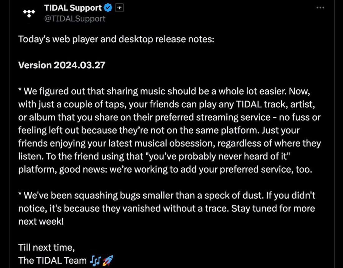 TIDAL's tweet announcing the update. (From: X/TIDAL Support)