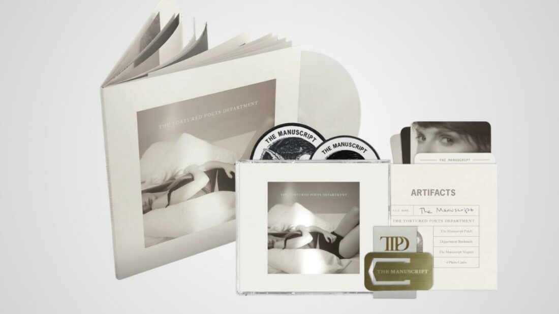 Swift's vinyl for The Tortured Poets Department comes with a collector's edition Manuscript CD. (From: Store.taylorswift.com)
