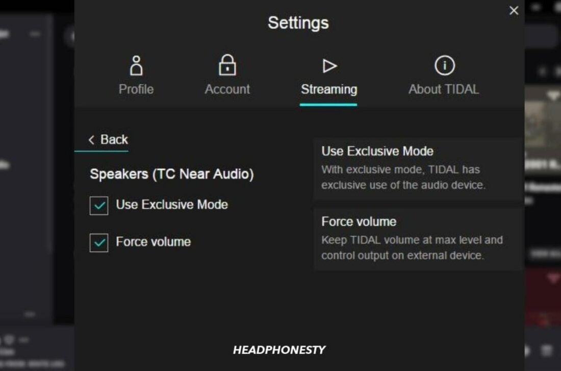 Tidal’s streaming settings feature the unique ‘Exclusive Mode’