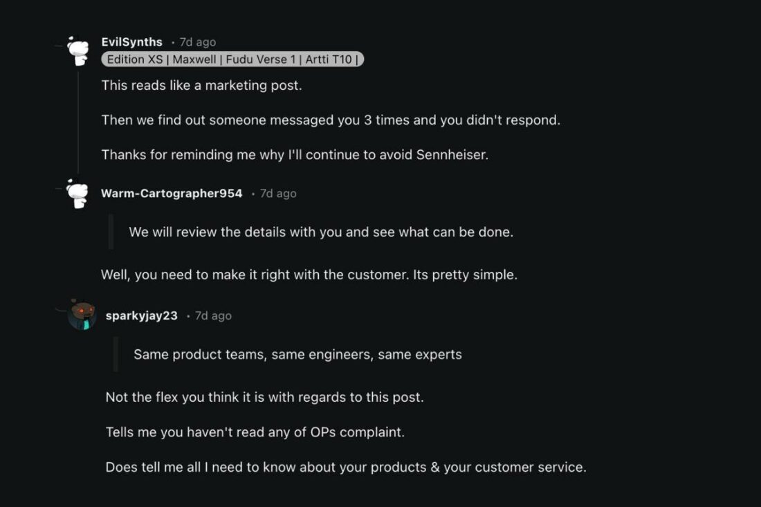 Users aren't convinced by Sennheiser's response to the issue. (From: Reddit)