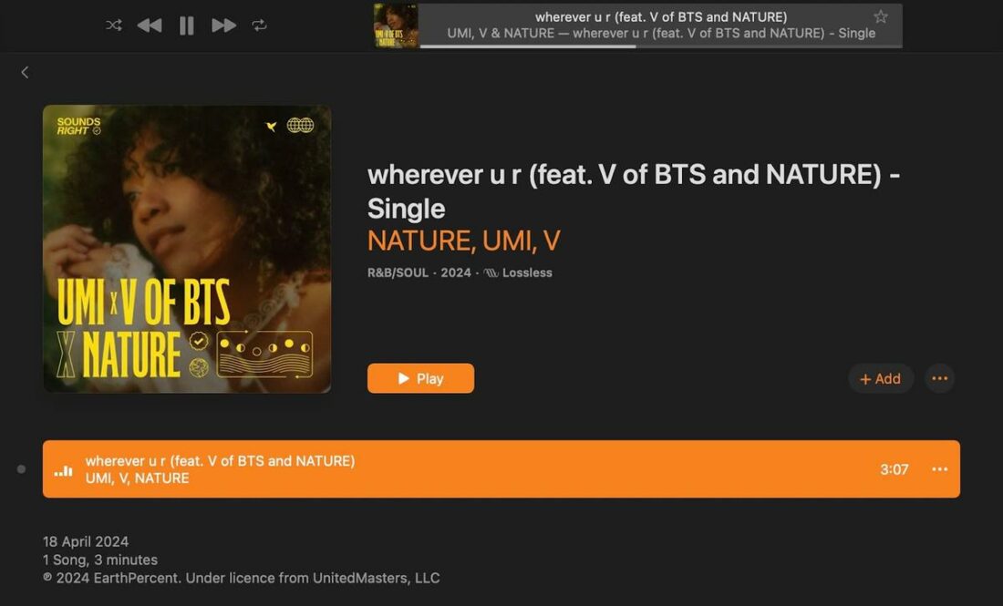 Playing 'Wherever u r by UMI and V, featuring NATURE on Apple Music.
