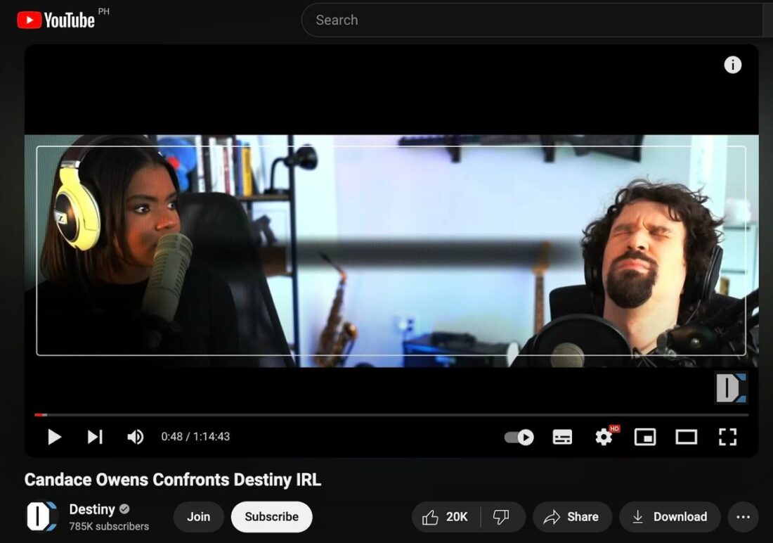 The debate as posted by Destiny's channel on YouTube, titled Candace Owens Confronts Destiny IRL. (From: YouTube/Destiny)