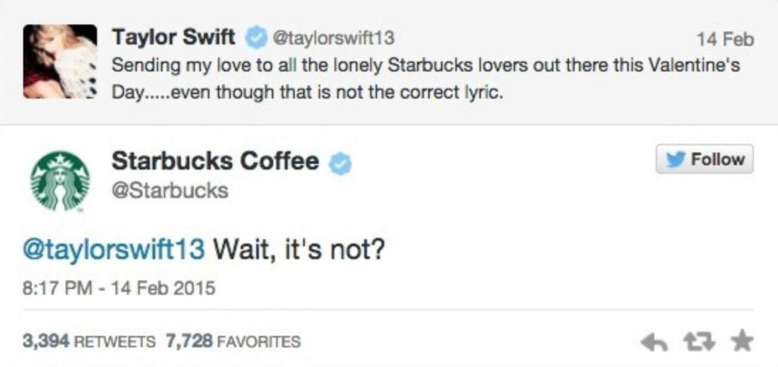 We can say Starbucks was disappointed they were not featured in a Taylor Swift song. (From: Twitter/X)