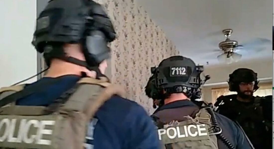 A still from the body cam footage of the Ferguson raid. (From: Bevis Schock/Riverfront Times)