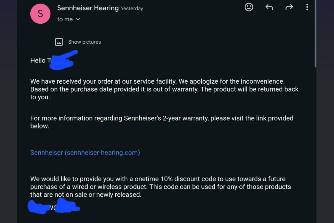 Sennheiser's original response to the OP via email. (From: Reddit)