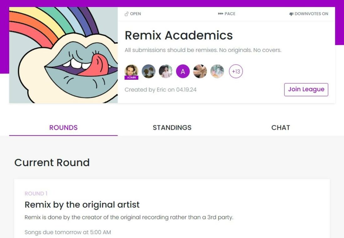 Leagues like Remix Academics only accept song remixes as submissions. (From: Music League)