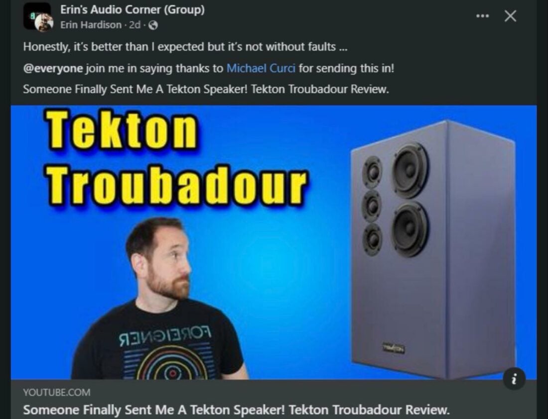 Erin Hardison's post promoting his Tekton Troubadour review. (From: Facebook)